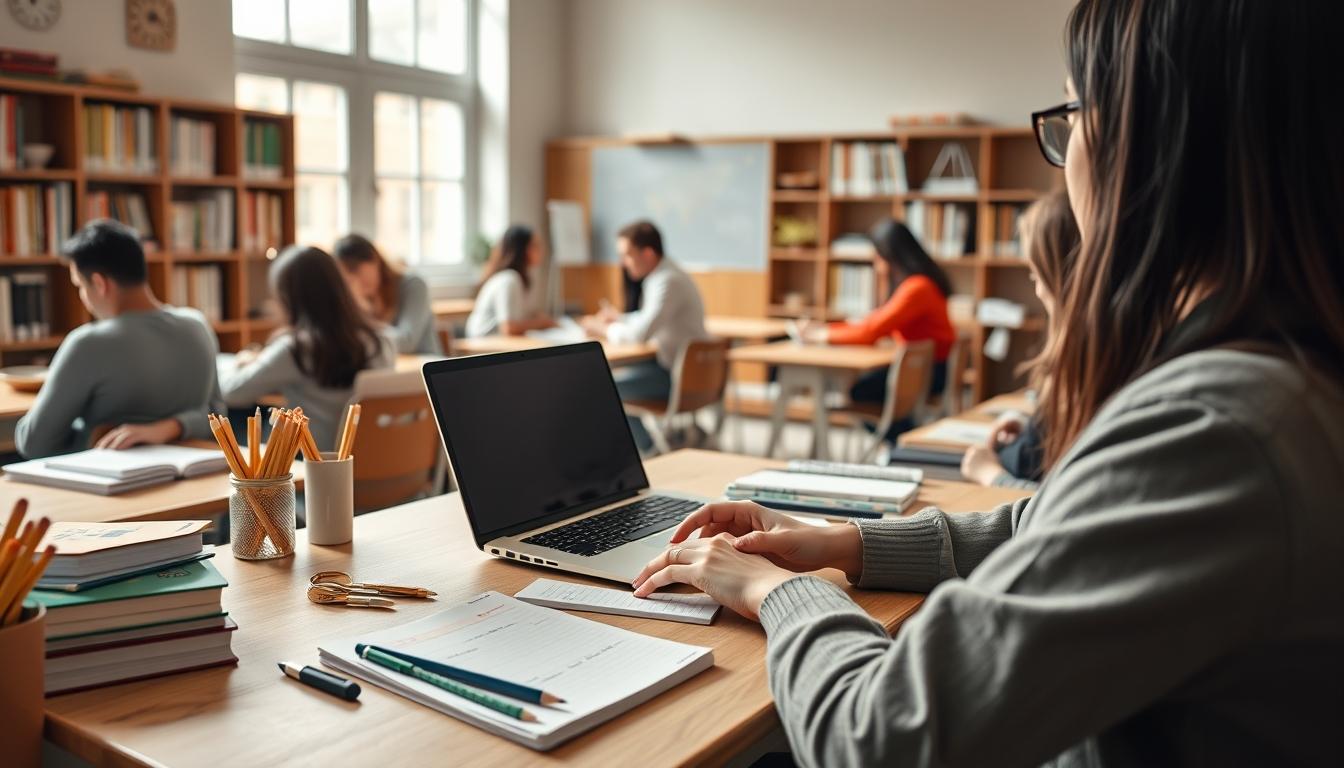 Students studying together in modern classroom